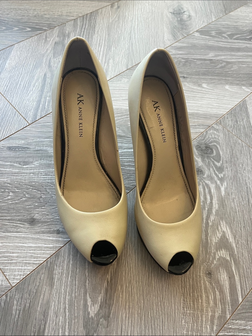Anne Klein Cream Platform Pumps with Black Peep-Toe Accent